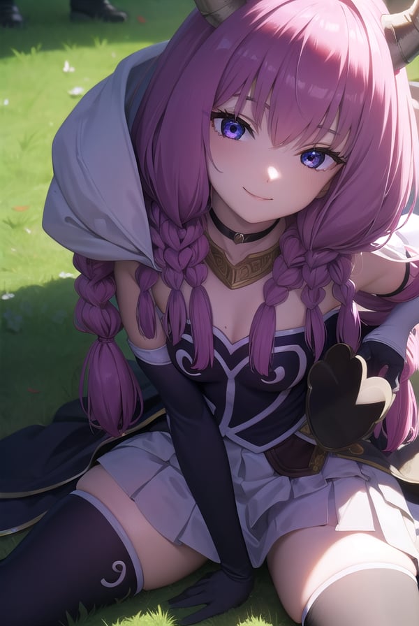 auratheguillotine, <lora:aura the guillotine v2-lora-nochekaiser:1>,aura the guillotine, long hair, (purple eyes:1.1), purple hair, braid, horns, twin braids, smile,BREAK skirt, thighhighs, gloves, choker, black gloves, elbow gloves, magical girl,BREAK outdoors,BREAK looking at viewer,BREAK <lyco:GoodHands-beta2:1>, (masterpiece:1.2), best quality, high resolution, unity 8k wallpaper, (illustration:0.8), (beautiful detailed eyes:1.6), extremely detailed face, perfect lighting, extremely detailed CG, (perfect hands, perfect anatomy),