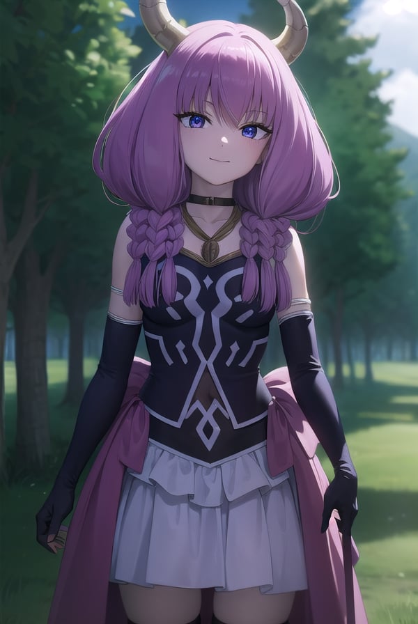 aura the guillotine, <lora:aura the guillotine v2-lora-nochekaiser:1>,aura the guillotine, long hair, (purple eyes:1.1), purple hair, braid, horns, twin braids, smile,BREAK skirt, thighhighs, gloves, choker, black gloves, elbow gloves, magical girl,BREAK outdoors,BREAK looking at viewer,BREAK <lyco:GoodHands-beta2:1>, (masterpiece:1.2), best quality, high resolution, unity 8k wallpaper, (illustration:0.8), (beautiful detailed eyes:1.6), extremely detailed face, perfect lighting, extremely detailed CG, (perfect hands, perfect anatomy),