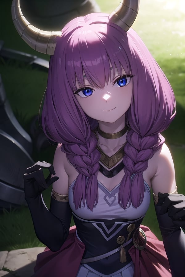aura the guillotine, <lora:aura the guillotine v2-lora-nochekaiser:1>,aura the guillotine, long hair, (purple eyes:1.1), purple hair, braid, horns, twin braids, smile,BREAK skirt, thighhighs, gloves, choker, black gloves, elbow gloves, magical girl,BREAK outdoors,BREAK looking at viewer,BREAK <lyco:GoodHands-beta2:1>, (masterpiece:1.2), best quality, high resolution, unity 8k wallpaper, (illustration:0.8), (beautiful detailed eyes:1.6), extremely detailed face, perfect lighting, extremely detailed CG, (perfect hands, perfect anatomy),