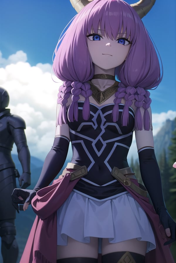 aura the guillotine, <lora:aura the guillotine v2-lora-nochekaiser:1>,aura the guillotine, long hair, (purple eyes:1.1), purple hair, braid, horns, twin braids, smile,BREAK skirt, thighhighs, gloves, choker, black gloves, elbow gloves, magical girl,BREAK outdoors,BREAK looking at viewer,BREAK <lyco:GoodHands-beta2:1>, (masterpiece:1.2), best quality, high resolution, unity 8k wallpaper, (illustration:0.8), (beautiful detailed eyes:1.6), extremely detailed face, perfect lighting, extremely detailed CG, (perfect hands, perfect anatomy),