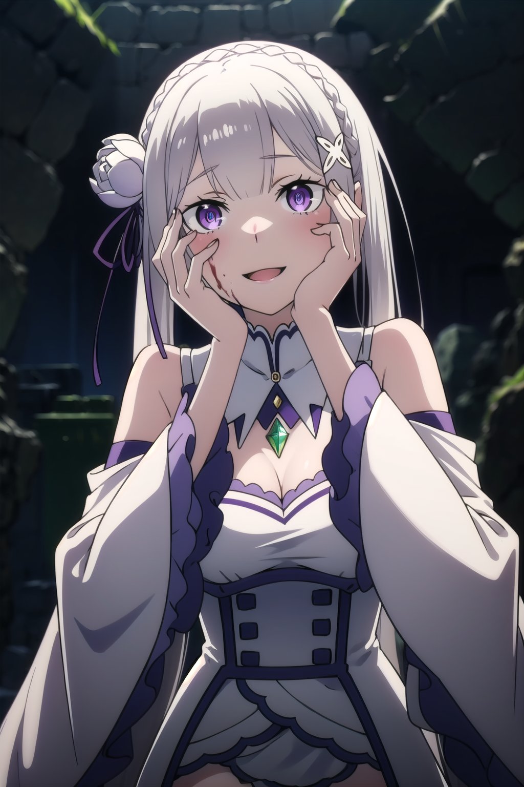 absurdres, highres, ultra detailed, <lora:EmiliaTanV1-000015:0.9>, emilia, white hair, purple eyes, long hair, medium breasts, hair flower, x hair ornament, hair ribbon, white dress, detached collar, wide sleeves, white thighhighs, open mouth, smile, yandere trance, yandere, looking at viewer, shaded face, hands on own face, blood on face, hands on own cheeks, from below, <lora:yandere_trance:0.8>, indoors, stone wall, <lora:LowRA:0.5>