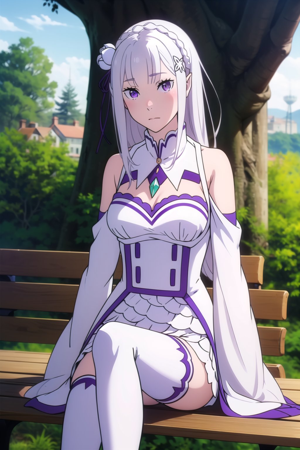 absurdres, highres, ultra detailed, <lora:EmiliaTanV1-000015:0.9>, emilia, white hair, purple eyes, long hair, medium breasts, hair flower, hair ornament, hair ribbon, white dress, detached collar, wide sleeves, white thighhighs, looking at viewer, sitting, bench, outdoors, tree