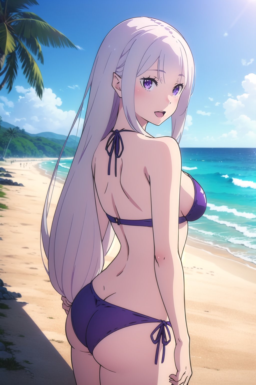 absurdres, highres, ultra detailed, <lora:EmiliaTanV1-000015:0.9>, emilia, petite, white hair, purple eyes, long hair, medium breasts, bikini, ass, looking at viewer, :d, outdoors, beach, tree