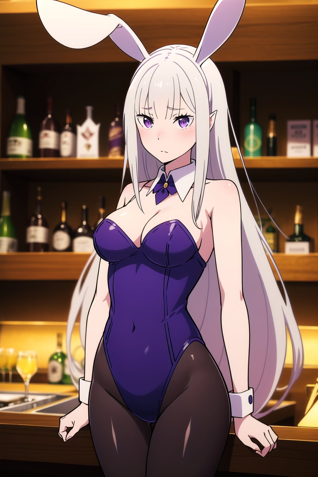 absurdres, highres, ultra detailed, <lora:EmiliaTanV1-000015:0.9>, emilia, white hair, purple eyes, long hair, medium breasts, playboy bunny, rabbit ears, black pantyhose, leotard, embarrassed, blush, looking at viewer, cowboy shot, indoors, bar