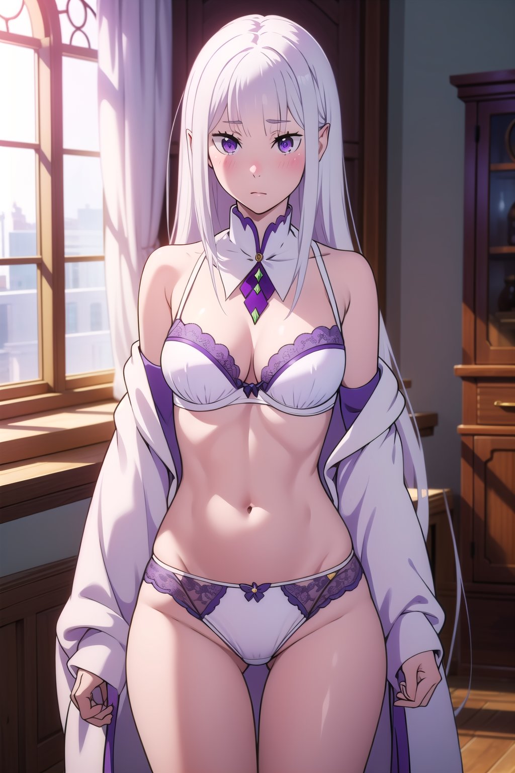 absurdres, highres, ultra detailed, <lora:EmiliaTanV1-000015:0.9>, emilia, white hair, purple eyes, low-tied long hair, medium breasts, underwear only, white panties, white bra, cowboy shot, standing, legs apart, thigh gap, blush, looking at viewer, indoors, mansion