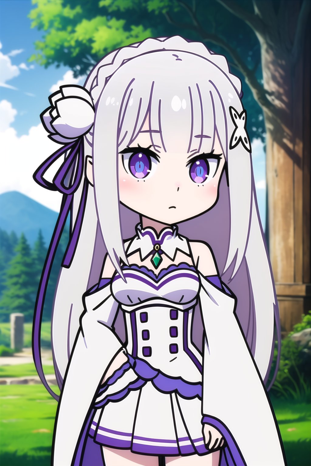 absurdres, highres, ultra detailed, <lora:EmiliaTanV1-000015:0.9>, emilia, chibi, white hair, purple eyes, long hair, medium breasts, hair flower, x hair ornament, hair ribbon, white dress, detached collar, wide sleeves, white thighighs, cowboy shot, looking at viewer, outdoors, tree