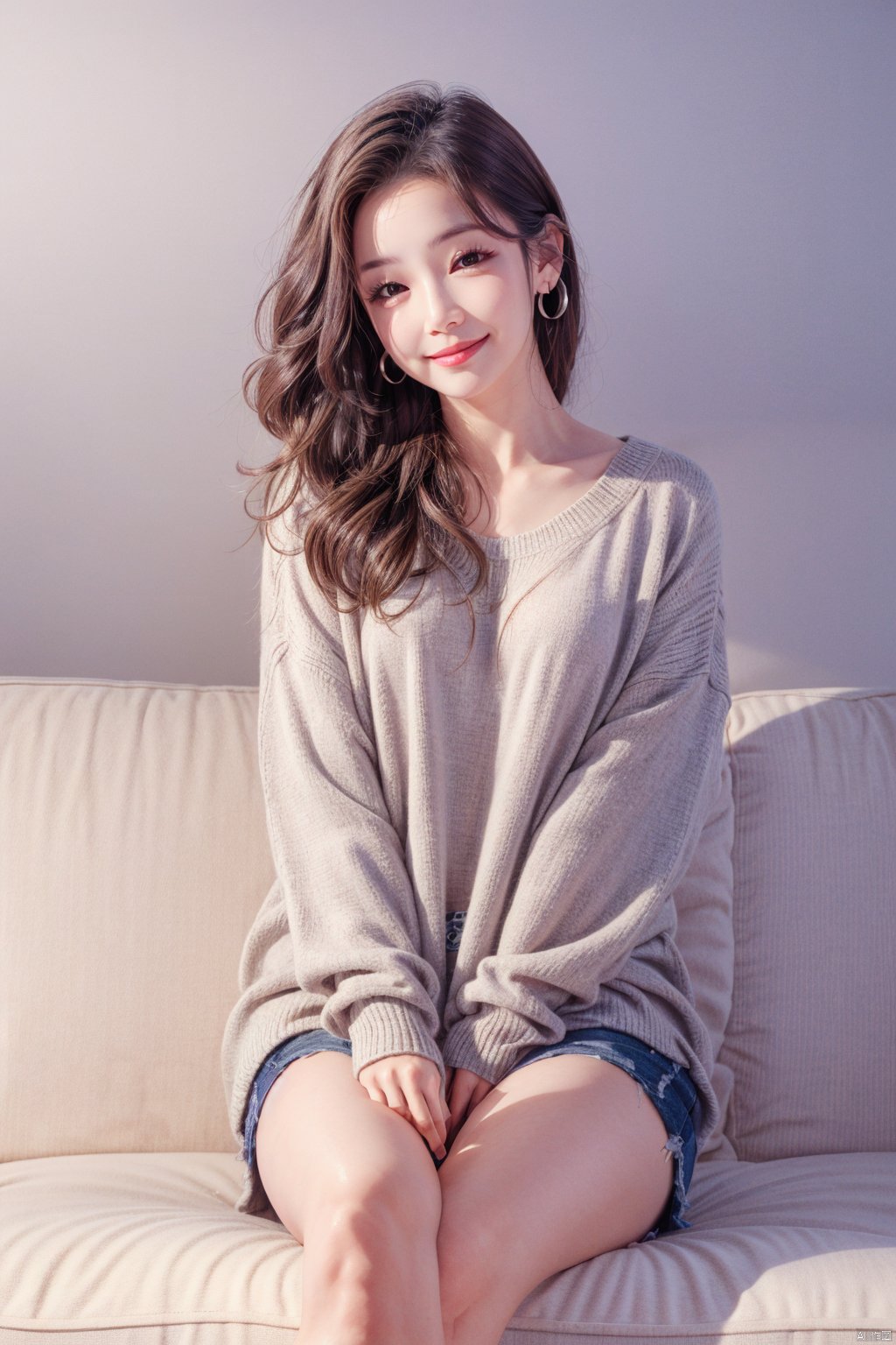 1girl, solo, long hair, earrings, jewelry, sitting, sweater, looking at viewer, head tilt, couch, hand between legs, very long hair, lips, wavy hair, between legs, brown hair, watermark, black hair, closed mouth, smile, artist name, brown eyes, grey background, black eyes, eyelashes, 1girl, depth of field