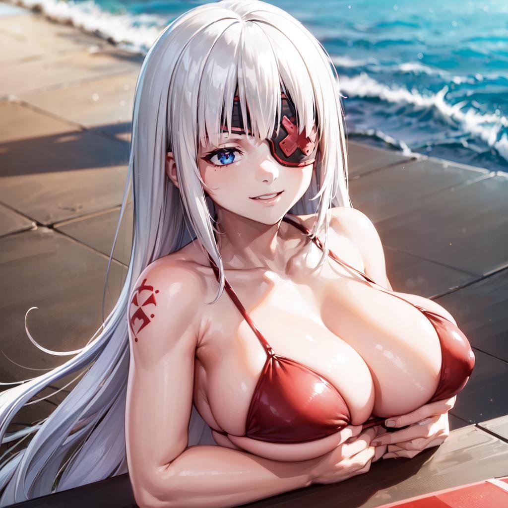 (a woman in a ((red and black bikini))  ((tits laying on the table)), on the beach (full body) <lora:KanaLoRA:0.8> kana with long white hair and (black red eyepatch) outfit , tattoo, holding big blades, blue eyes, beautiful eyes, beautiful girl, high detail skin, high detail eyes, high detail hair, highres, ultra detailed, detailed pores, imperfect skin, detailed reflective shiny skin, diffused skin pores,sharpen picture, Highly detailed, masterpiece, best quality, smiling