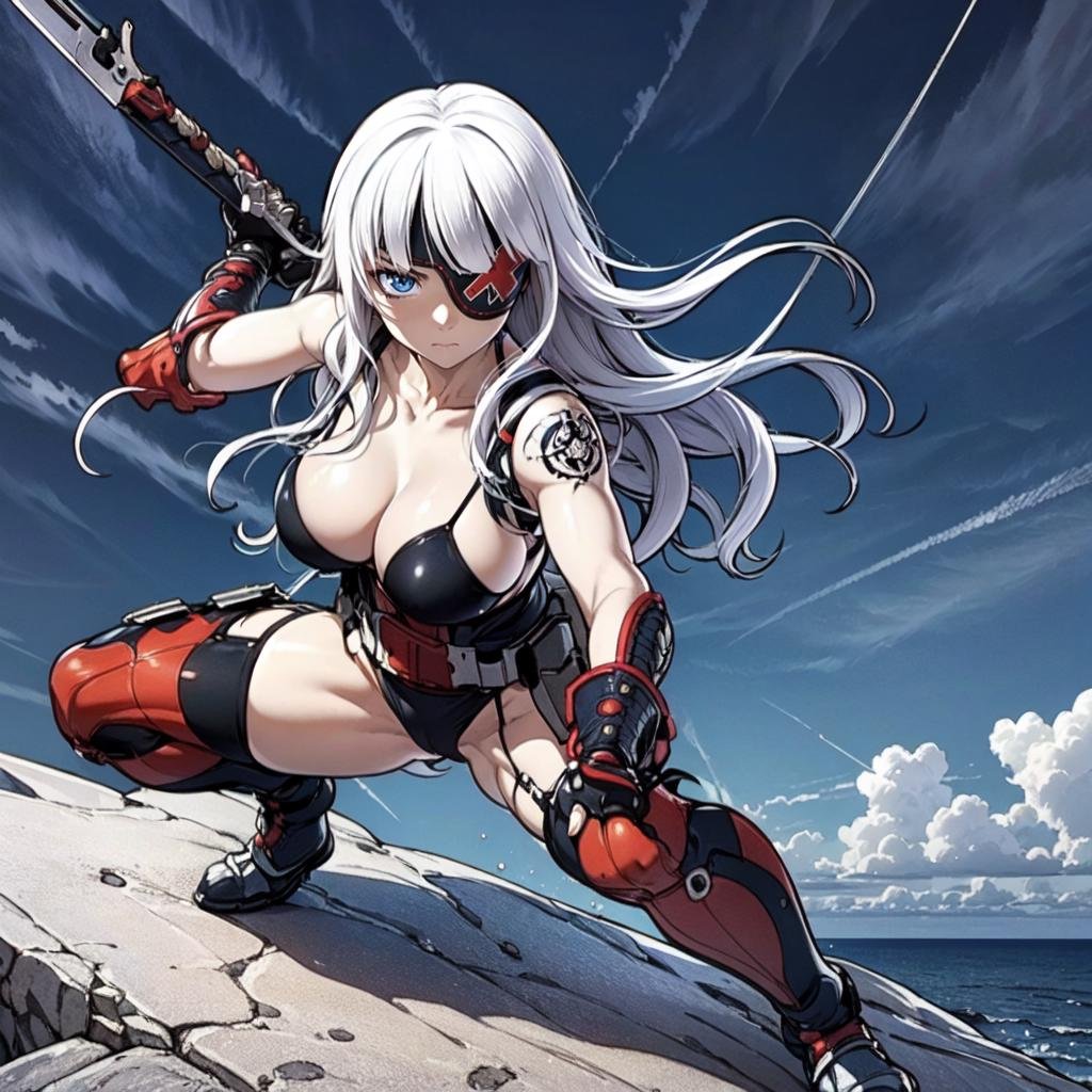 a woman standing on a huge rock in the ocean holding big metallic blades in fighting pose, stormy weather, lighning in background(full body) <lora:KanaLoRA:1> kana with long white hair and black red eyepatch outfit gloves, tattoo, holding big blades, blue eyes, beautiful eyes, beautiful girl, high detail skin, high detail eyes, high detail hair, highres, ultra detailed, detailed pores, imperfect skin, detailed reflective shiny skin, diffused skin pores,sharpen picture, Highly detailed, masterpiece, best quality,