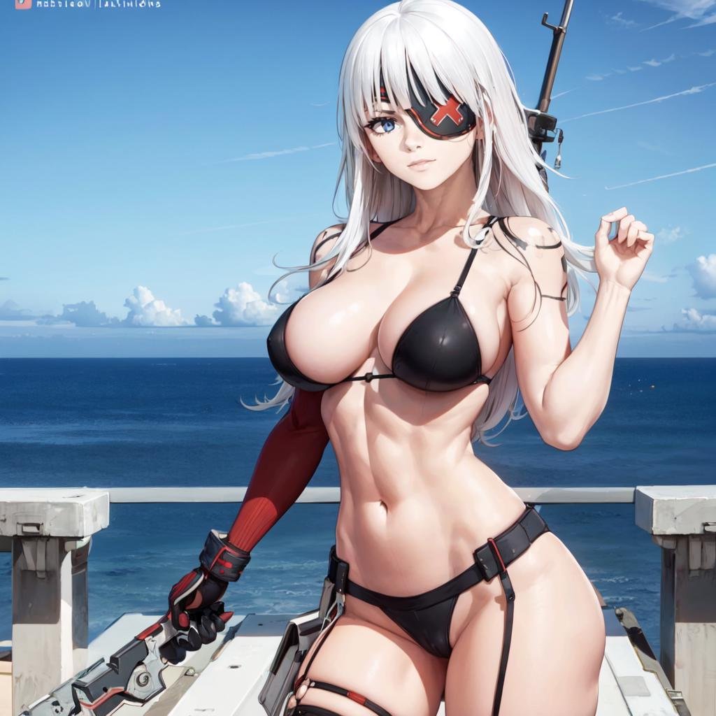 a woman standing on a ship on the ocean, looking in the ditance (full body) <lora:KanaLoRA:1> kana with long white hair and (black red eyepatch) outfit gloves, tattoo, holding big blades, blue eyes, beautiful eyes, beautiful girl, high detail skin, high detail eyes, high detail hair, highres, ultra detailed, detailed pores, imperfect skin, detailed reflective shiny skin, diffused skin pores,sharpen picture, Highly detailed, masterpiece, best quality,