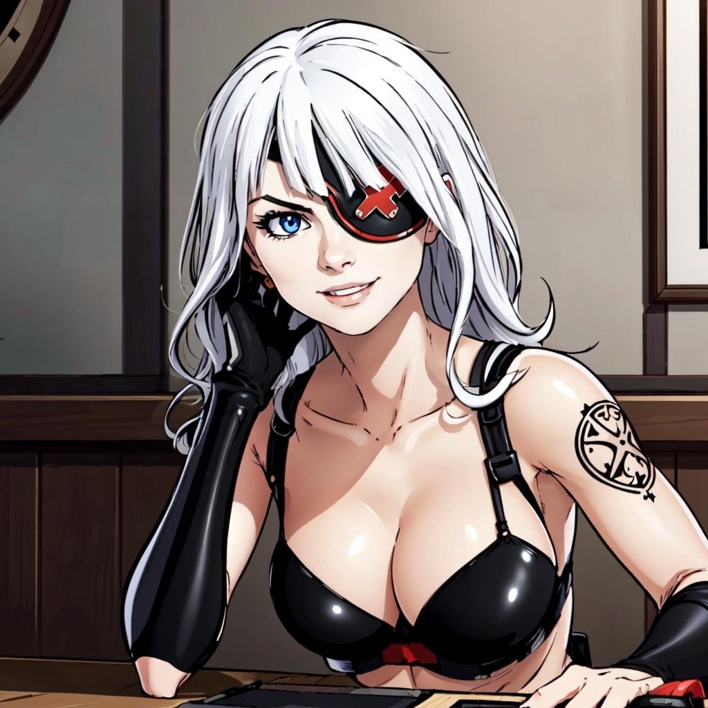 a woman sitting in a cafe drinking tea (upper body) <lora:KanaLoRA:0.8> kana with long white hair and (black red eyepatch) outfit gloves, tattoo, holding big blades, blue eyes, beautiful eyes, beautiful girl, high detail skin, high detail eyes, high detail hair, highres, ultra detailed, detailed pores, imperfect skin, detailed reflective shiny skin, diffused skin pores,sharpen picture, Highly detailed, masterpiece, best quality, smiling