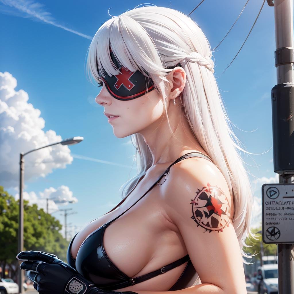 a woman standing on a busstop, looking cute, sideview (upper body) <lora:KanaLoRA:0.8> kana with long white hair and (black red eyepatch) outfit gloves, tattoo, holding big blades, blue eyes, beautiful eyes, beautiful girl, high detail skin, high detail eyes, high detail hair, highres, ultra detailed, detailed pores, imperfect skin, detailed reflective shiny skin, diffused skin pores,sharpen picture, Highly detailed, masterpiece, best quality,