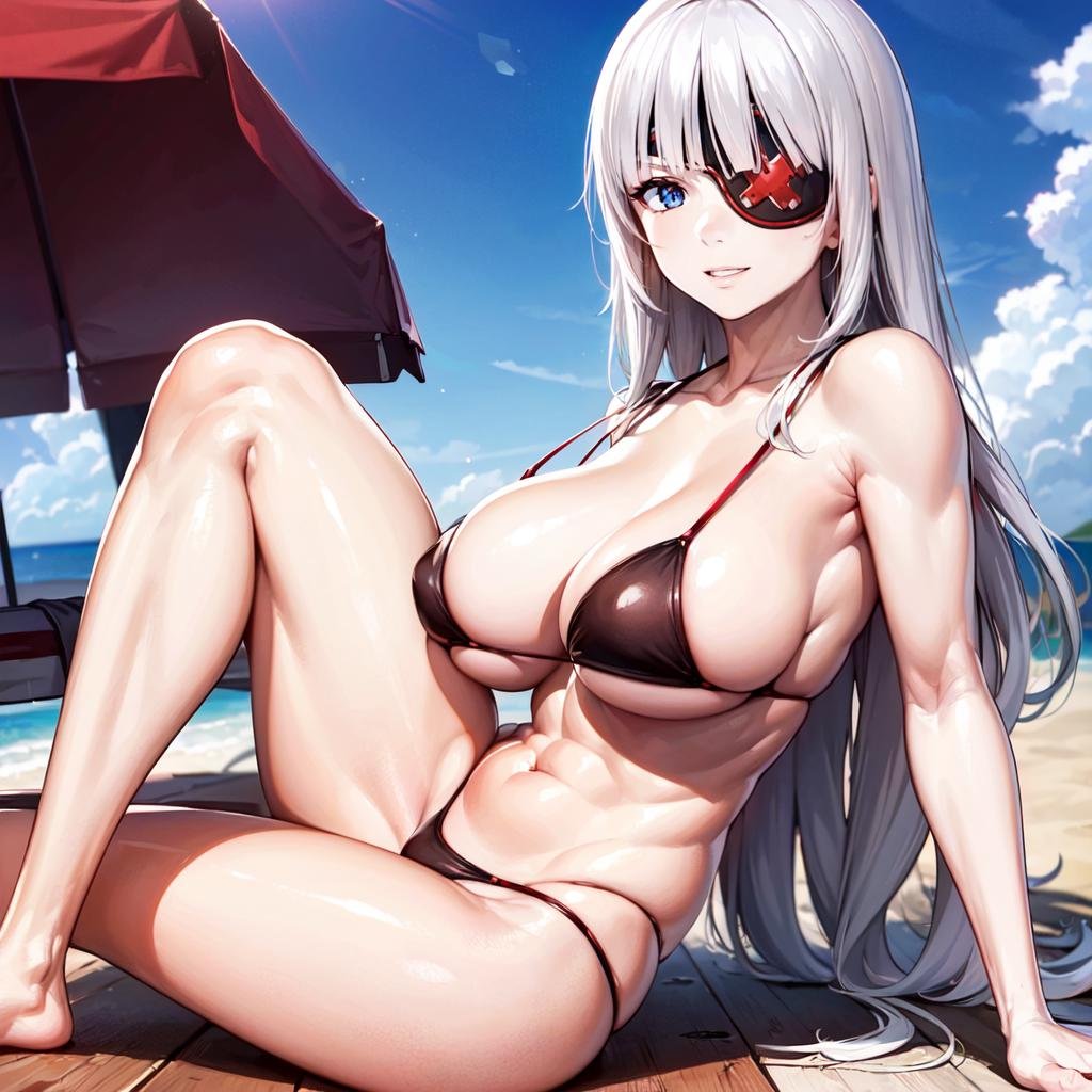 a woman in a ((red and black bikini)) laying in a beachchair on the beach (full body) <lora:KanaLoRA:0.8> kana with long white hair and (black red eyepatch) outfit , tattoo, holding big blades, blue eyes, beautiful eyes, beautiful girl, high detail skin, high detail eyes, high detail hair, highres, ultra detailed, detailed pores, imperfect skin, detailed reflective shiny skin, diffused skin pores,sharpen picture, Highly detailed, masterpiece, best quality, smiling