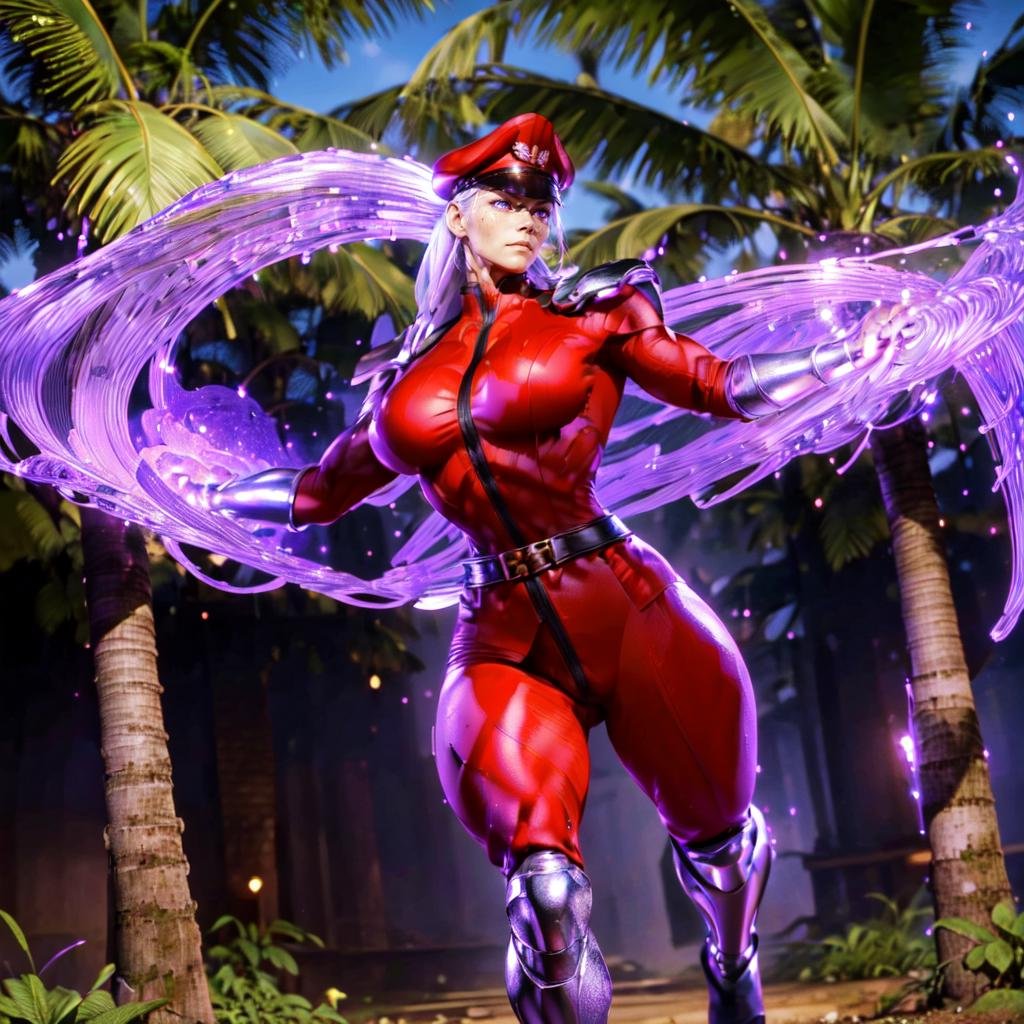 a woman fighting in a jungle, looking grim , beautiful eyes, high detail skin, high detail eyes, high detail hair, highres, ultra detailed, ,sharpen picture, Highly detailed, masterpiece, best quality, upper cut,  <lora:BisonFemaleLoRA:1> woman with white hair and red outfit military cap, purple magic, cape