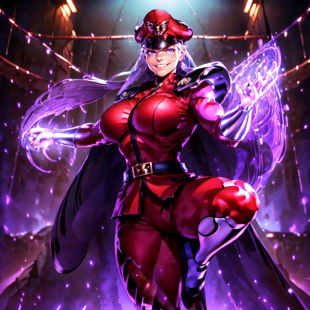 a woman standing in a dark alley casting magic low kick, grin , beautiful eyes, high detail skin, high detail eyes, high detail hair, highres, ultra detailed, ,sharpen picture, Highly detailed, masterpiece, best quality, upper cut,  <lora:BisonFemaleLoRA:1> woman with white hair  red outfit and military cap, purple magic, cape