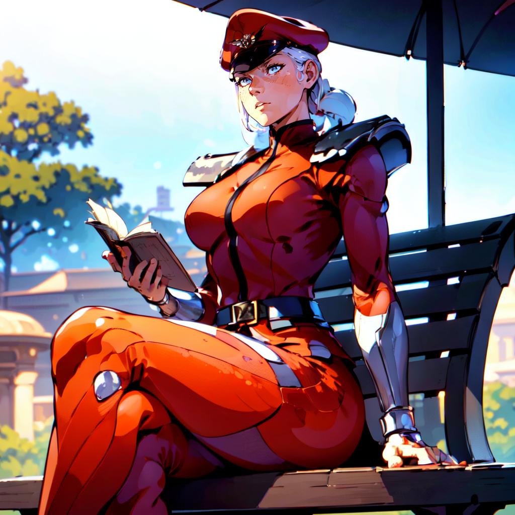 full body, a woman reading a book on  a bench in a park, beautiful eyes, high detail skin, high detail eyes, high detail hair, highres, ultra detailed, ,sharpen picture, Highly detailed, masterpiece, best quality, upper cut,  <lora:BisonFemaleLoRA:1> woman with white hair, red outfit military cap, exposure blend, medium shot, bokeh, (hdr:1.4), high contrast, (cinematic, orange and white film), (muted colors, dim colors, soothing tones:1.3), low saturation, (hyperdetailed:1.2), (noir:0.4)