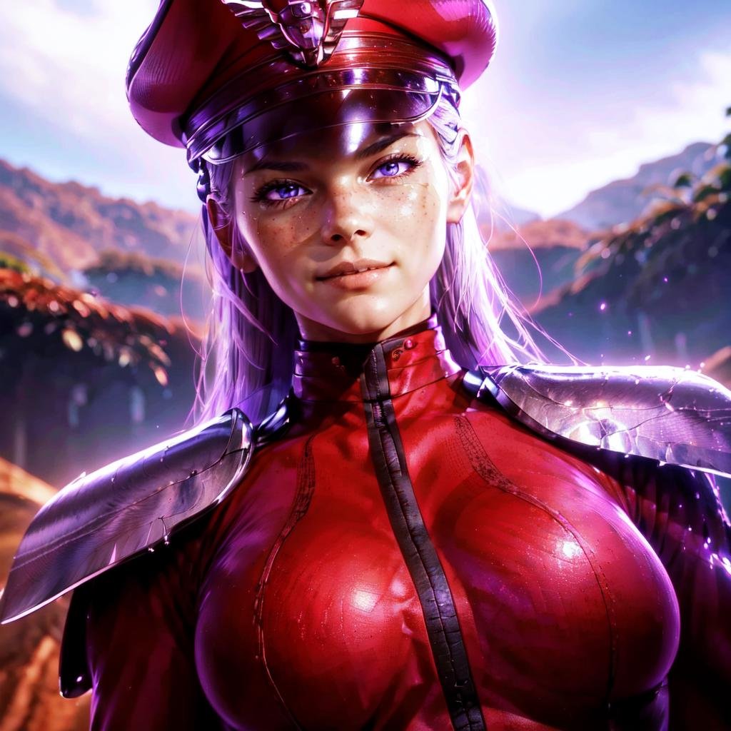 a woman fighting in a jungle, grin , beautiful eyes, high detail skin, high detail eyes, high detail hair, highres, ultra detailed, ,sharpen picture, Highly detailed, masterpiece, best quality, upper cut,  <lora:BisonFemaleLoRA:1> woman with white hair and red outfit military cap, purple magic, cape