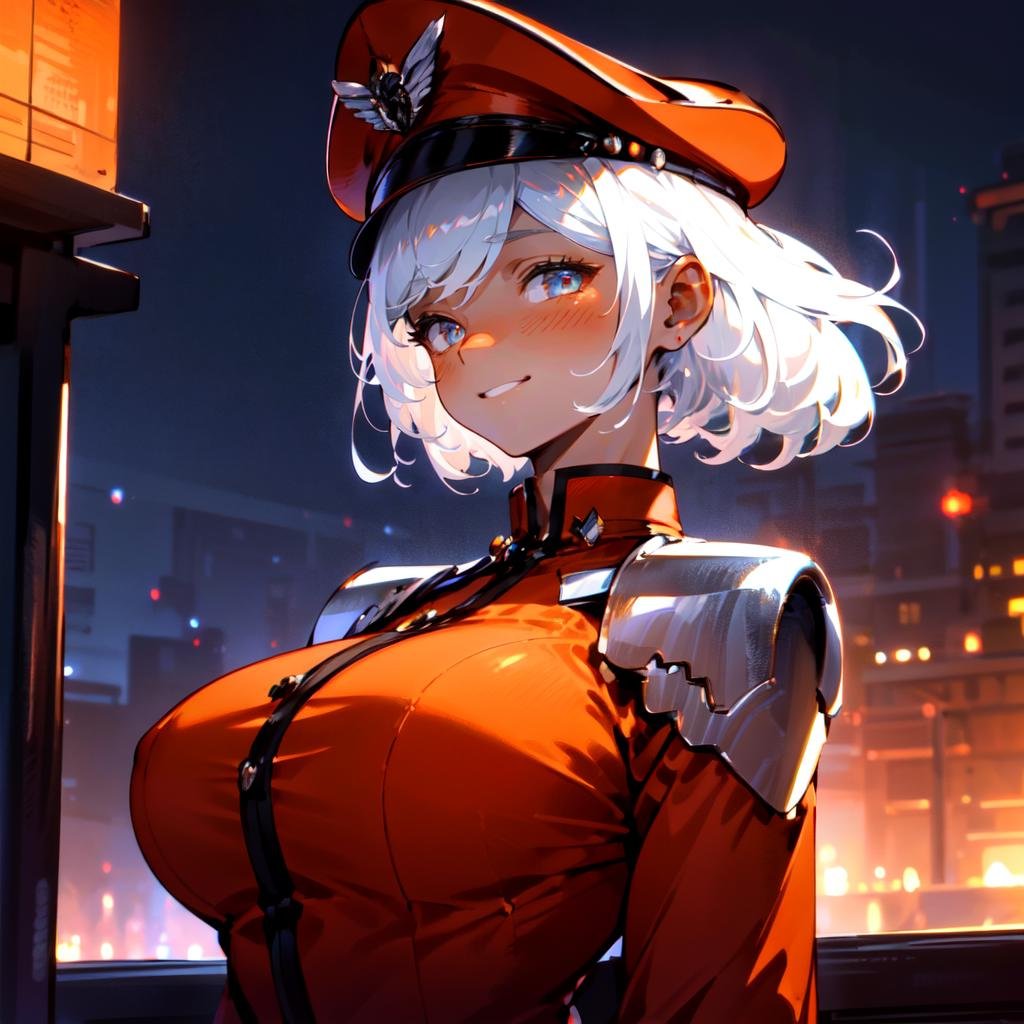 upper body, a woman standing at a busstop, at night, city lights,  cute smile looking at smartphone, side view, beautiful eyes, high detail skin, high detail eyes, high detail hair, highres, ultra detailed, ,sharpen picture, Highly detailed, masterpiece, best quality, upper cut,  <lora:BisonFemaleLoRA:0.8> woman with white hair, red outfit military cap, exposure blend, medium shot, bokeh, (hdr:1.4), high contrast, (cinematic, orange and white film), (muted colors, dim colors, soothing tones:1.3), low saturation, (hyperdetailed:1.2), (noir:0.4)