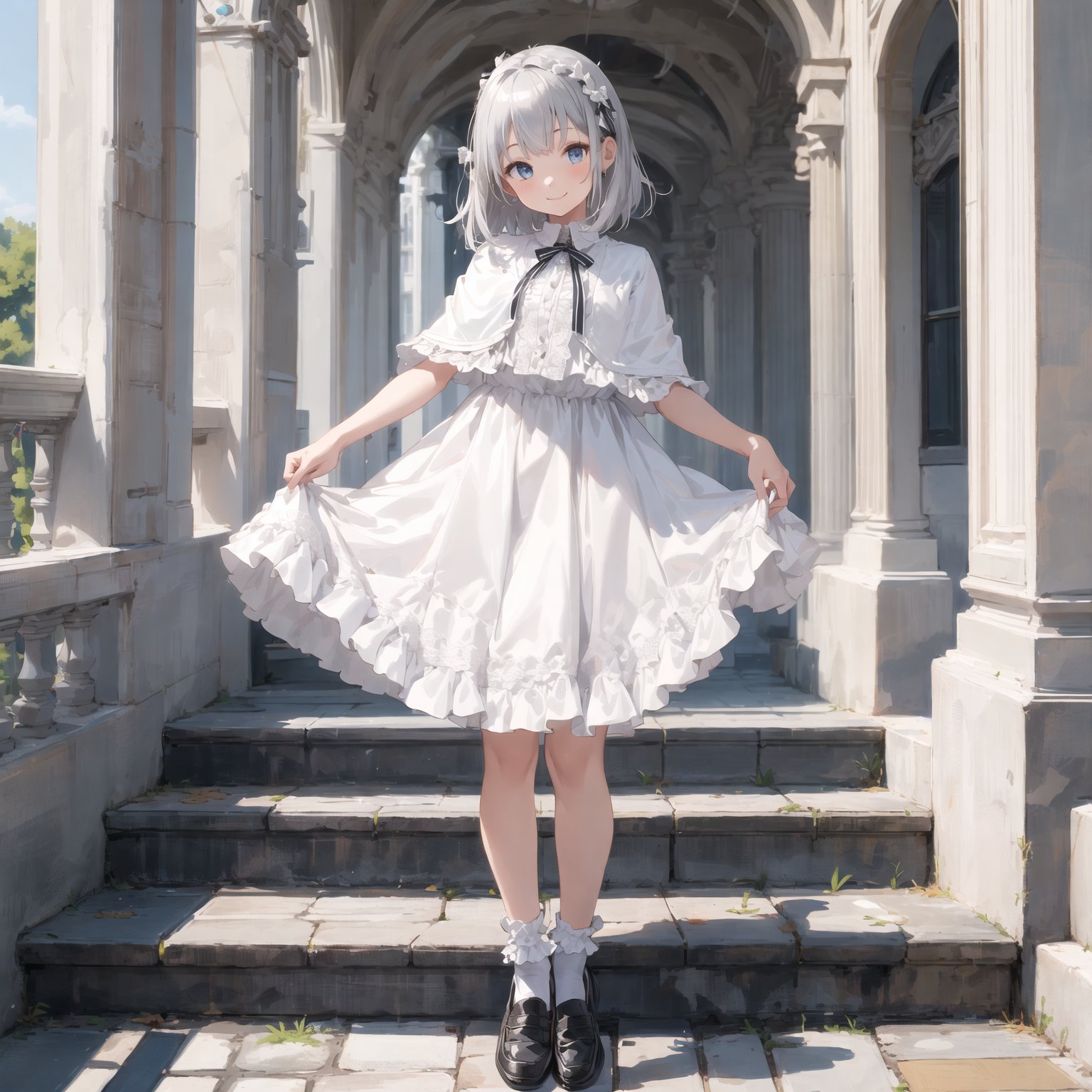 (1girl solo:1.2), full body,frills white dress, white capelet, curtsey (skirt hold:1.1),(silver:1.1) medium hair, white socks, head tilt, smile, looking at viewer, black loafers,