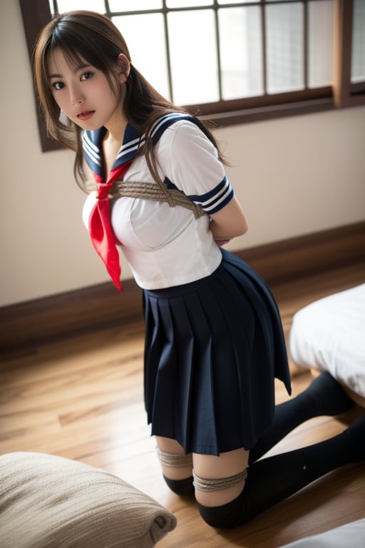 ultra-detailed,highly detailed,best quality,masterpiece,illustration,realistic,bdsm,serafuku shibari,1girl, solo, school uniform,  serafuku,sailor collar,neckerchief, skirt, pantyhose, rope,bound, bondage, shibari, shibari over clothes, restrained, looking at viewer, kneeling, arms behind back,breast bondage, indoors,bed,  