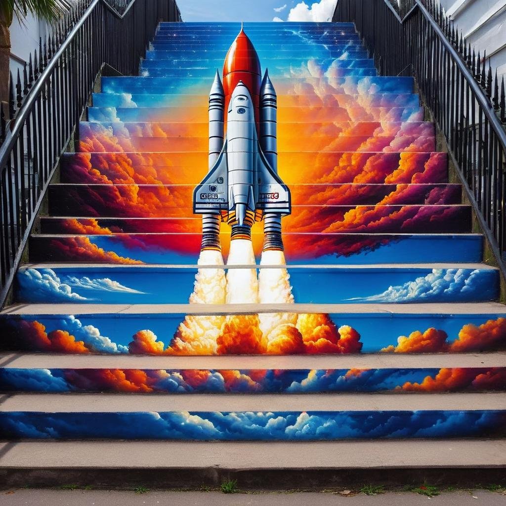 masterpiece, best quality, stair-art, sky, a rocket, <lora:stair-art2:0.75>