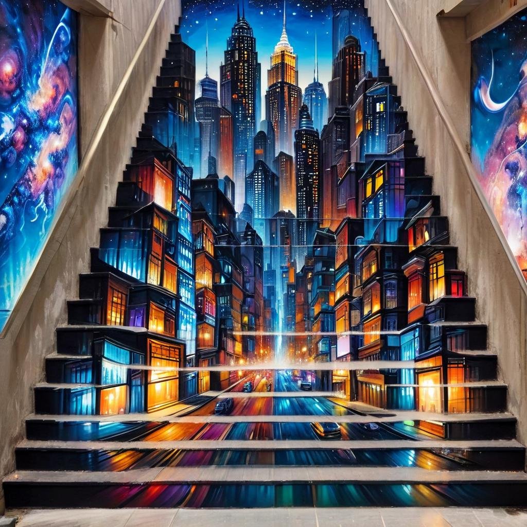 masterpiece, best quality, stair-art, a bustling cityscape, teeming with life, energy, and architectural marvels. Skyscrapers soar towards the sky, their glass facades reflecting the vibrant lights of the city below, <lora:stair-art2:1.25>