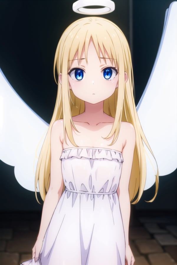 crimvael, <lora:crimvael s1-lora-nochekaiser:1>,crimvael, long hair, blue eyes, blonde hair,BREAK dress, bare shoulders, collarbone, wings, white dress, strapless, halo, strapless dress, angel wings, white wings, angel,BREAK outdoors,BREAK looking at viewer, (cowboy shot:1.5),BREAK <lyco:GoodHands-beta2:1>, (masterpiece:1.2), best quality, high resolution, unity 8k wallpaper, (illustration:0.8), (beautiful detailed eyes:1.6), extremely detailed face, perfect lighting, extremely detailed CG, (perfect hands, perfect anatomy),