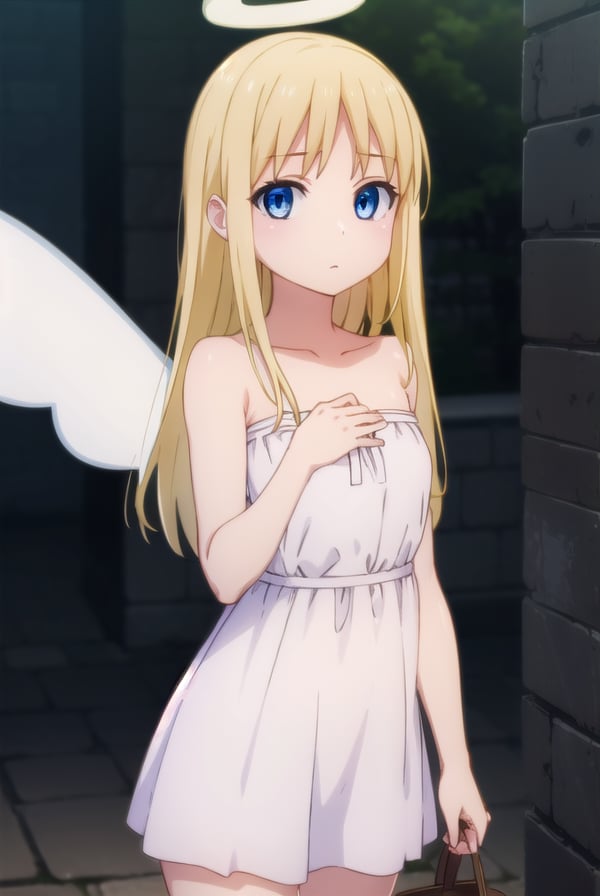 crimvael, <lora:crimvael s1-lora-nochekaiser:1>,crimvael, long hair, blue eyes, blonde hair,BREAK dress, bare shoulders, collarbone, wings, white dress, strapless, halo, strapless dress, angel wings, white wings, angel,BREAK outdoors,BREAK looking at viewer, (cowboy shot:1.5),BREAK <lyco:GoodHands-beta2:1>, (masterpiece:1.2), best quality, high resolution, unity 8k wallpaper, (illustration:0.8), (beautiful detailed eyes:1.6), extremely detailed face, perfect lighting, extremely detailed CG, (perfect hands, perfect anatomy),