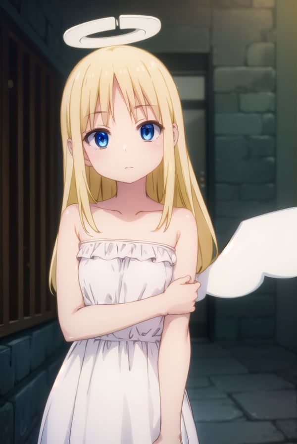 crimvael, <lora:crimvael s1-lora-nochekaiser:1>,crimvael, long hair, blue eyes, blonde hair,BREAK dress, bare shoulders, collarbone, wings, white dress, strapless, halo, strapless dress, angel wings, white wings, angel,BREAK outdoors,BREAK looking at viewer, (cowboy shot:1.5),BREAK <lyco:GoodHands-beta2:1>, (masterpiece:1.2), best quality, high resolution, unity 8k wallpaper, (illustration:0.8), (beautiful detailed eyes:1.6), extremely detailed face, perfect lighting, extremely detailed CG, (perfect hands, perfect anatomy),