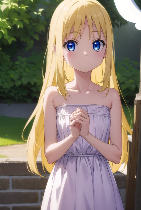 crimvael, <lora:crimvael s1-lora-nochekaiser:1>,crimvael, long hair, blue eyes, blonde hair,BREAK dress, bare shoulders, collarbone, wings, white dress, strapless, halo, strapless dress, angel wings, white wings, angel,BREAK outdoors,BREAK looking at viewer, (cowboy shot:1.5),BREAK <lyco:GoodHands-beta2:1>, (masterpiece:1.2), best quality, high resolution, unity 8k wallpaper, (illustration:0.8), (beautiful detailed eyes:1.6), extremely detailed face, perfect lighting, extremely detailed CG, (perfect hands, perfect anatomy),