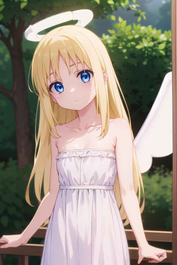 crimvael, <lora:crimvael s1-lora-nochekaiser:1>,crimvael, long hair, blue eyes, blonde hair,BREAK dress, bare shoulders, collarbone, wings, white dress, strapless, halo, strapless dress, angel wings, white wings, angel,BREAK outdoors,BREAK looking at viewer, (cowboy shot:1.5),BREAK <lyco:GoodHands-beta2:1>, (masterpiece:1.2), best quality, high resolution, unity 8k wallpaper, (illustration:0.8), (beautiful detailed eyes:1.6), extremely detailed face, perfect lighting, extremely detailed CG, (perfect hands, perfect anatomy),