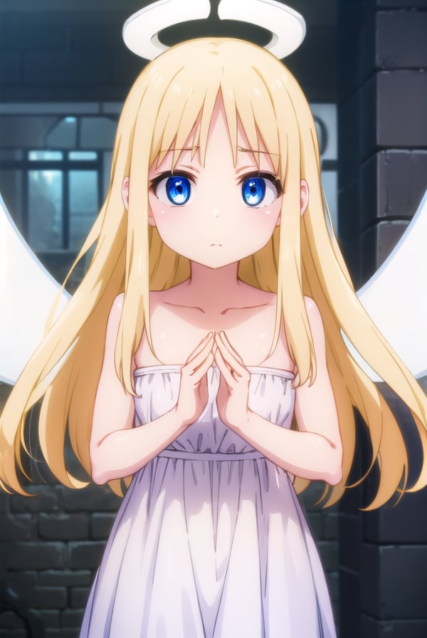 crimvael, <lora:crimvael s1-lora-nochekaiser:1>,crimvael, long hair, blue eyes, blonde hair,BREAK dress, bare shoulders, collarbone, wings, white dress, strapless, halo, strapless dress, angel wings, white wings, angel,BREAK outdoors,BREAK looking at viewer, (cowboy shot:1.5),BREAK <lyco:GoodHands-beta2:1>, (masterpiece:1.2), best quality, high resolution, unity 8k wallpaper, (illustration:0.8), (beautiful detailed eyes:1.6), extremely detailed face, perfect lighting, extremely detailed CG, (perfect hands, perfect anatomy),