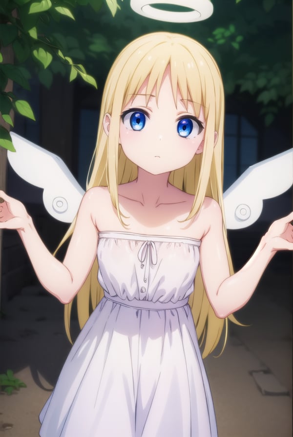 crimvael, <lora:crimvael s1-lora-nochekaiser:1>,crimvael, long hair, blue eyes, blonde hair,BREAK dress, bare shoulders, collarbone, wings, white dress, strapless, halo, strapless dress, angel wings, white wings, angel,BREAK outdoors,BREAK looking at viewer, (cowboy shot:1.5),BREAK <lyco:GoodHands-beta2:1>, (masterpiece:1.2), best quality, high resolution, unity 8k wallpaper, (illustration:0.8), (beautiful detailed eyes:1.6), extremely detailed face, perfect lighting, extremely detailed CG, (perfect hands, perfect anatomy),