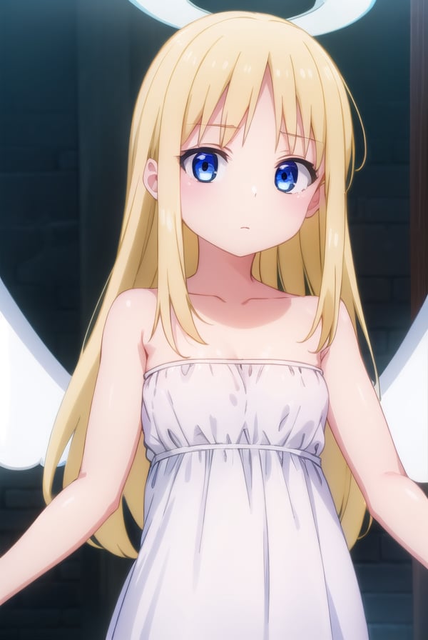 crimvael, <lora:crimvael s1-lora-nochekaiser:1>,crimvael, long hair, blue eyes, blonde hair,BREAK dress, bare shoulders, collarbone, wings, white dress, strapless, halo, strapless dress, angel wings, white wings, angel,BREAK outdoors,BREAK looking at viewer, (cowboy shot:1.5),BREAK <lyco:GoodHands-beta2:1>, (masterpiece:1.2), best quality, high resolution, unity 8k wallpaper, (illustration:0.8), (beautiful detailed eyes:1.6), extremely detailed face, perfect lighting, extremely detailed CG, (perfect hands, perfect anatomy),