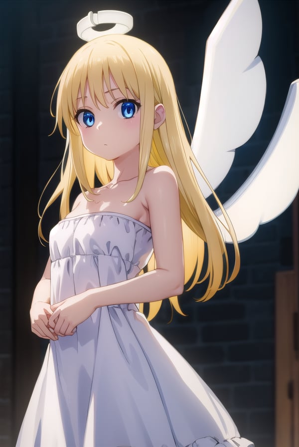 crimvael, <lora:crimvael s1-lora-nochekaiser:1>,crimvael, long hair, blue eyes, blonde hair,BREAK dress, bare shoulders, collarbone, wings, white dress, strapless, halo, strapless dress, angel wings, white wings, angel,BREAK outdoors,BREAK looking at viewer, (cowboy shot:1.5),BREAK <lyco:GoodHands-beta2:1>, (masterpiece:1.2), best quality, high resolution, unity 8k wallpaper, (illustration:0.8), (beautiful detailed eyes:1.6), extremely detailed face, perfect lighting, extremely detailed CG, (perfect hands, perfect anatomy),