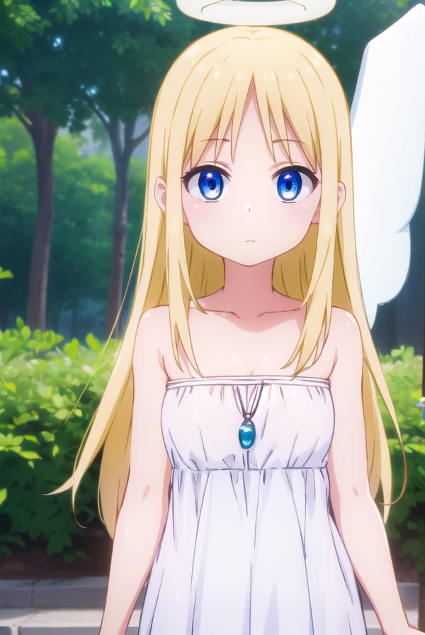 crimvael, <lora:crimvael s1-lora-nochekaiser:1>,crimvael, long hair, blue eyes, blonde hair,BREAK dress, bare shoulders, collarbone, wings, white dress, strapless, halo, strapless dress, angel wings, white wings, angel,BREAK outdoors,BREAK looking at viewer, (cowboy shot:1.5),BREAK <lyco:GoodHands-beta2:1>, (masterpiece:1.2), best quality, high resolution, unity 8k wallpaper, (illustration:0.8), (beautiful detailed eyes:1.6), extremely detailed face, perfect lighting, extremely detailed CG, (perfect hands, perfect anatomy),