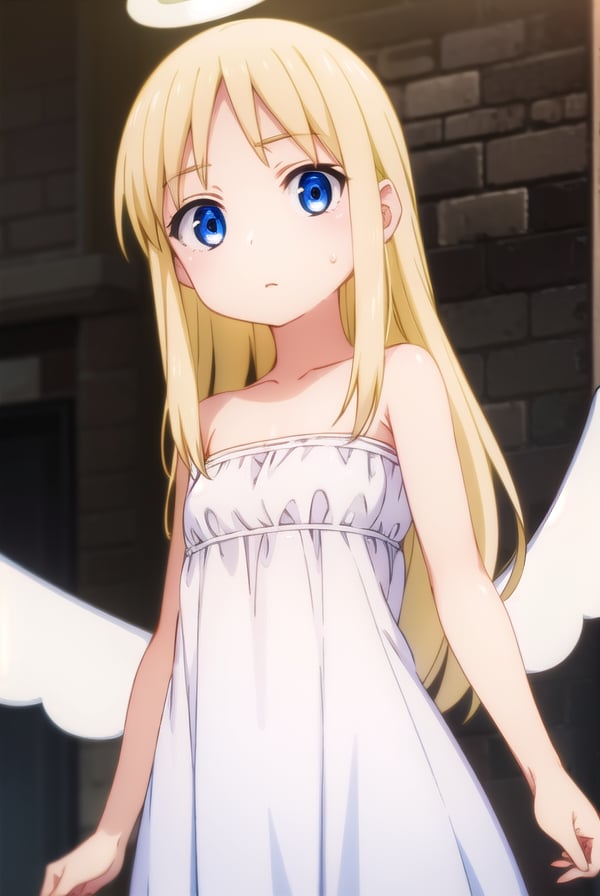 crimvael, <lora:crimvael s1-lora-nochekaiser:1>,crimvael, long hair, blue eyes, blonde hair,BREAK dress, bare shoulders, collarbone, wings, white dress, strapless, halo, strapless dress, angel wings, white wings, angel,BREAK outdoors,BREAK looking at viewer, (cowboy shot:1.5),BREAK <lyco:GoodHands-beta2:1>, (masterpiece:1.2), best quality, high resolution, unity 8k wallpaper, (illustration:0.8), (beautiful detailed eyes:1.6), extremely detailed face, perfect lighting, extremely detailed CG, (perfect hands, perfect anatomy),