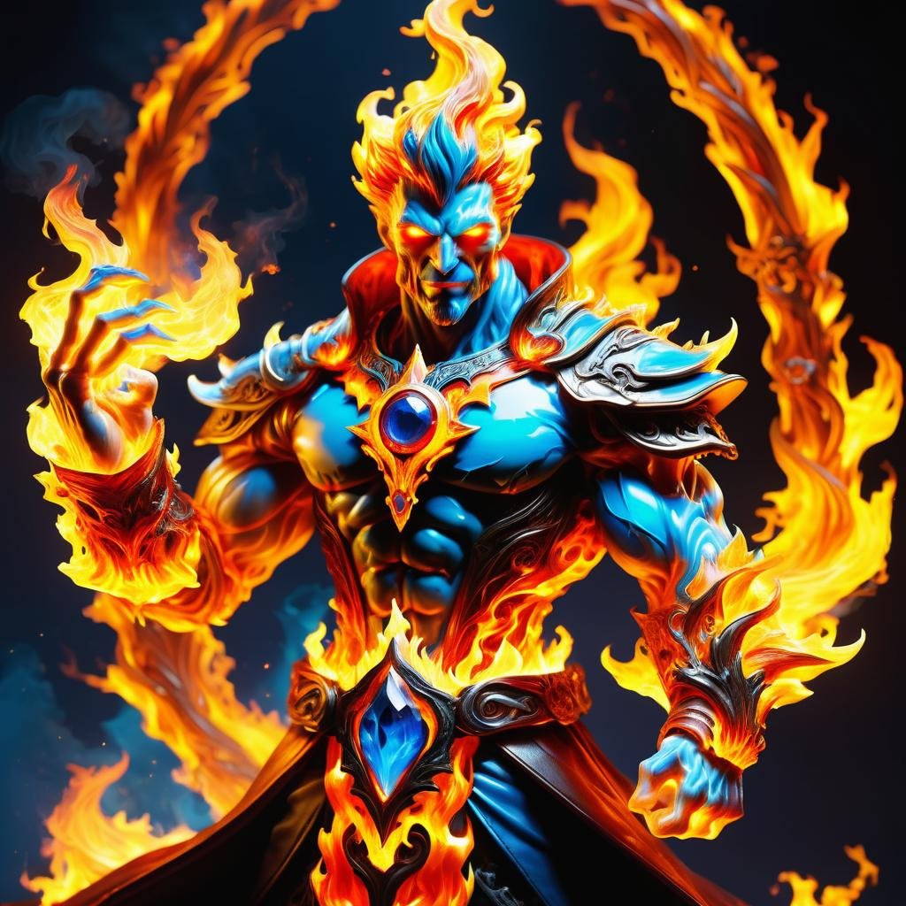 hyper detailed masterpiece, dynamic, awesome quality,DonMF1r3XL firey male mire, mage, locket  <lora:DonMF1r3XL-000006:0.85>