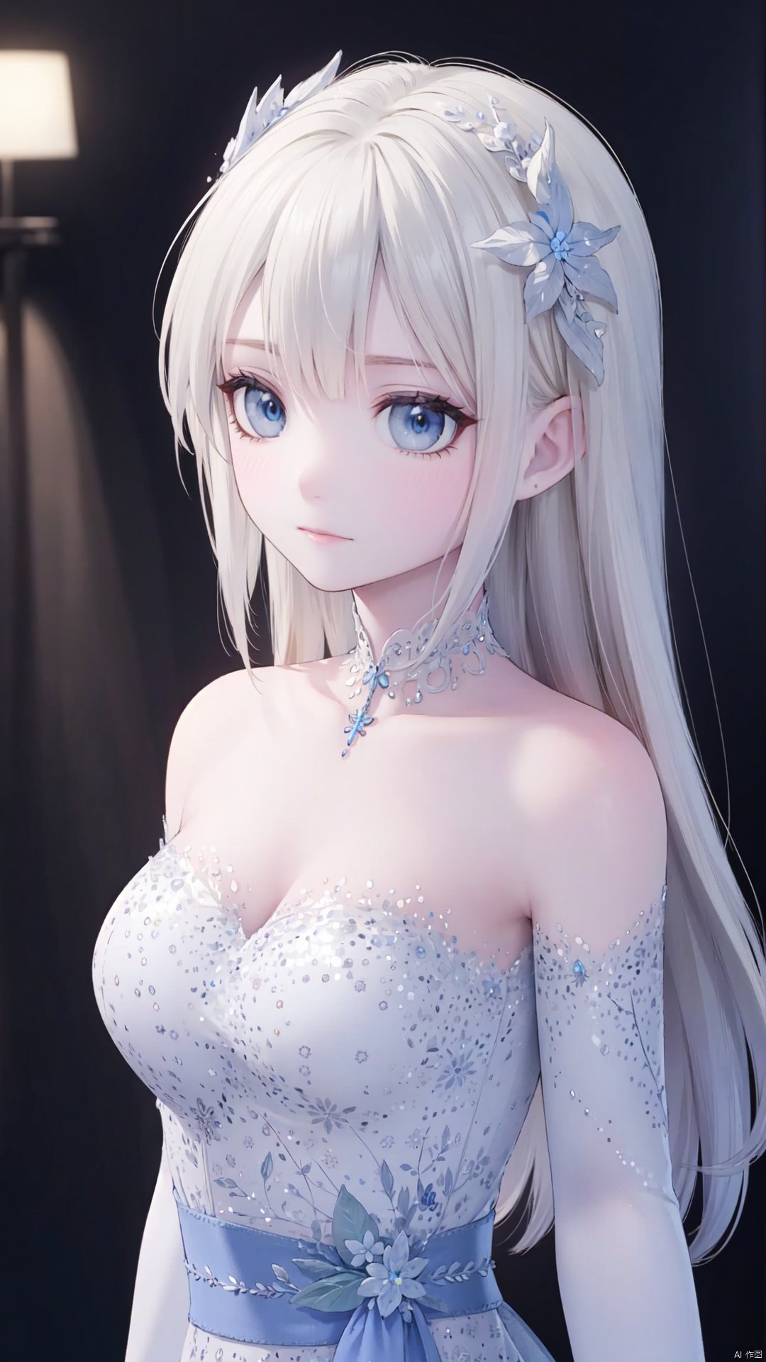 finely detail,  Depth of field,  (((masterpiece))),  ((extremely detailed CG unity 8k wallpaper)),  best quality,  high resolution illustration,  Amazing,  intricate detail,  (best illumination,  best shadow,  an extremely delicate and beautiful),  1girl,  long_hair,  white hair,  (hair accessories),  cleavage,  Brooch,  Exquisite ornaments,  clear,  crystal chains decorate,  Iris proantha,  1girl, dress, ((strapless dress)), bare shoulders, long_sleeves, blue dress,<lora:EMS-253410-EMS:0.400000>,<lora:EMS-255071-EMS:0.800000>