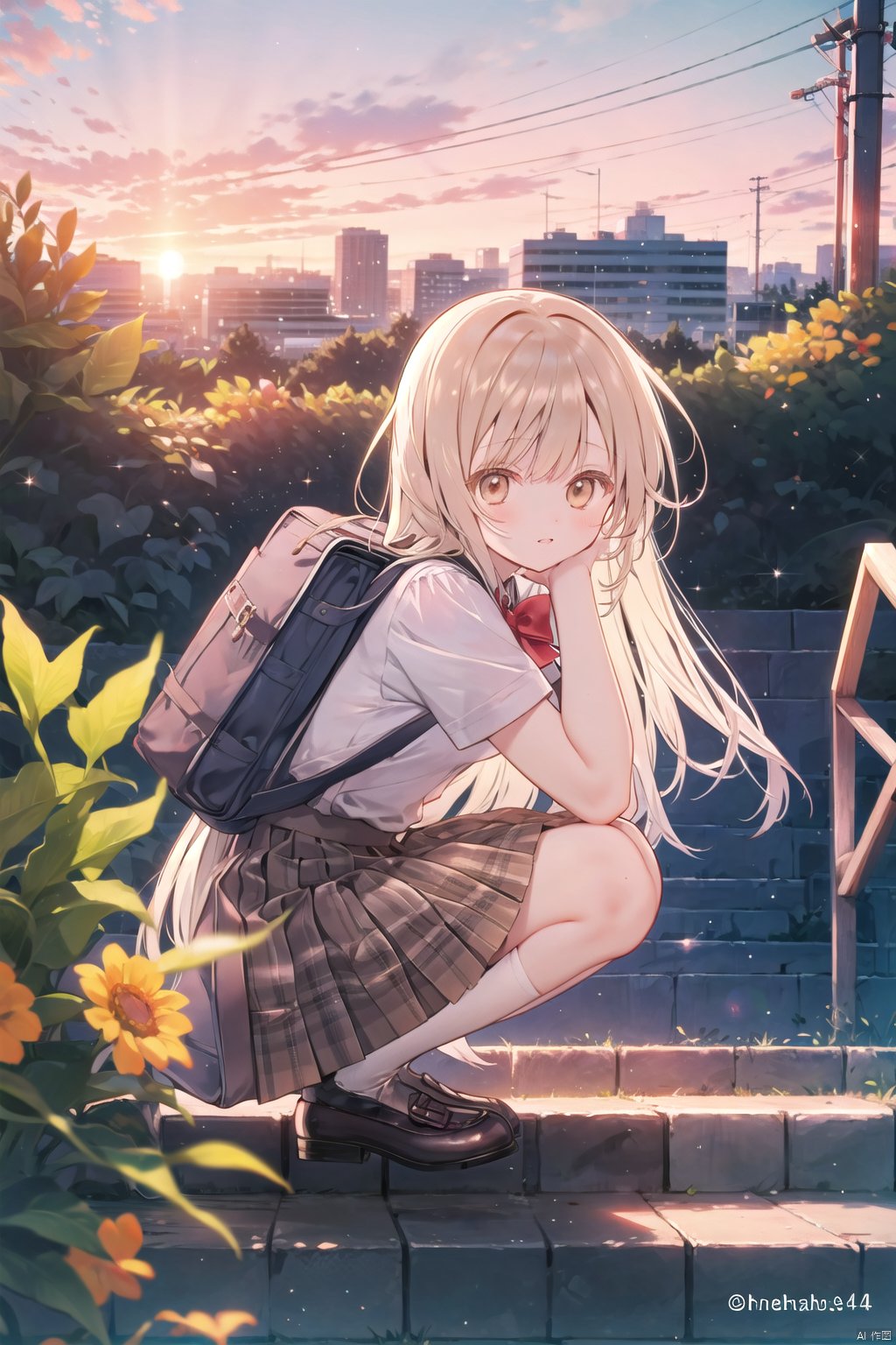  1girl, solo, long_hair, looking_at_viewer, bangs, skirt, blonde_hair, bow, brown_eyes, very_long_hair, school_uniform, full_body, white_shirt, flower, short_sleeves, pleated_skirt, outdoors, parted_lips, sky, shoes, socks, collared_shirt, cloud, bowtie, bag, blurry, red_bow, from_side, plaid, kneehighs, plaid_skirt, brown_footwear, squatting, black_socks, loafers, school_bag, sunset, brown_skirt, stairs, purple_flower