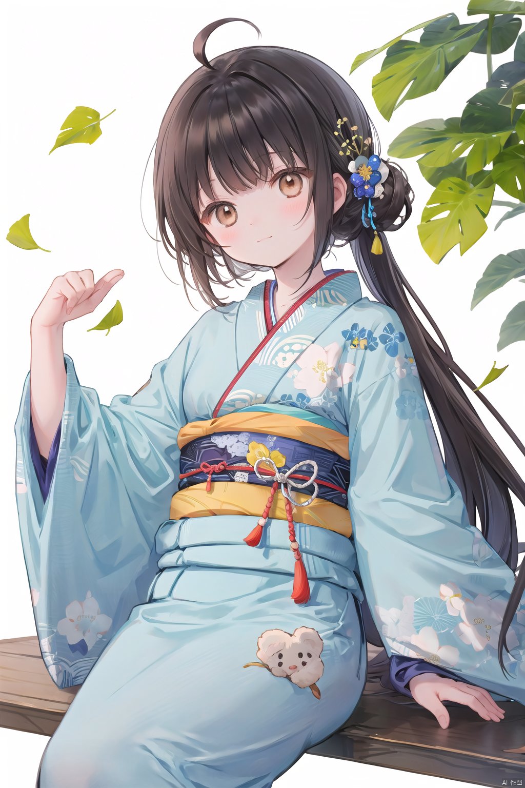  1girl, solo, long_hair, looking_at_viewer, blush, smile, bangs, brown_hair, black_hair, long_sleeves, brown_eyes, very_long_hair, closed_mouth, ahoge, japanese_clothes, hand_up, wide_sleeves, kimono, arm_up, sash, leaf, blue_bow, obi, animal_print, white_kimono, seigaiha, ginkgo_leaf