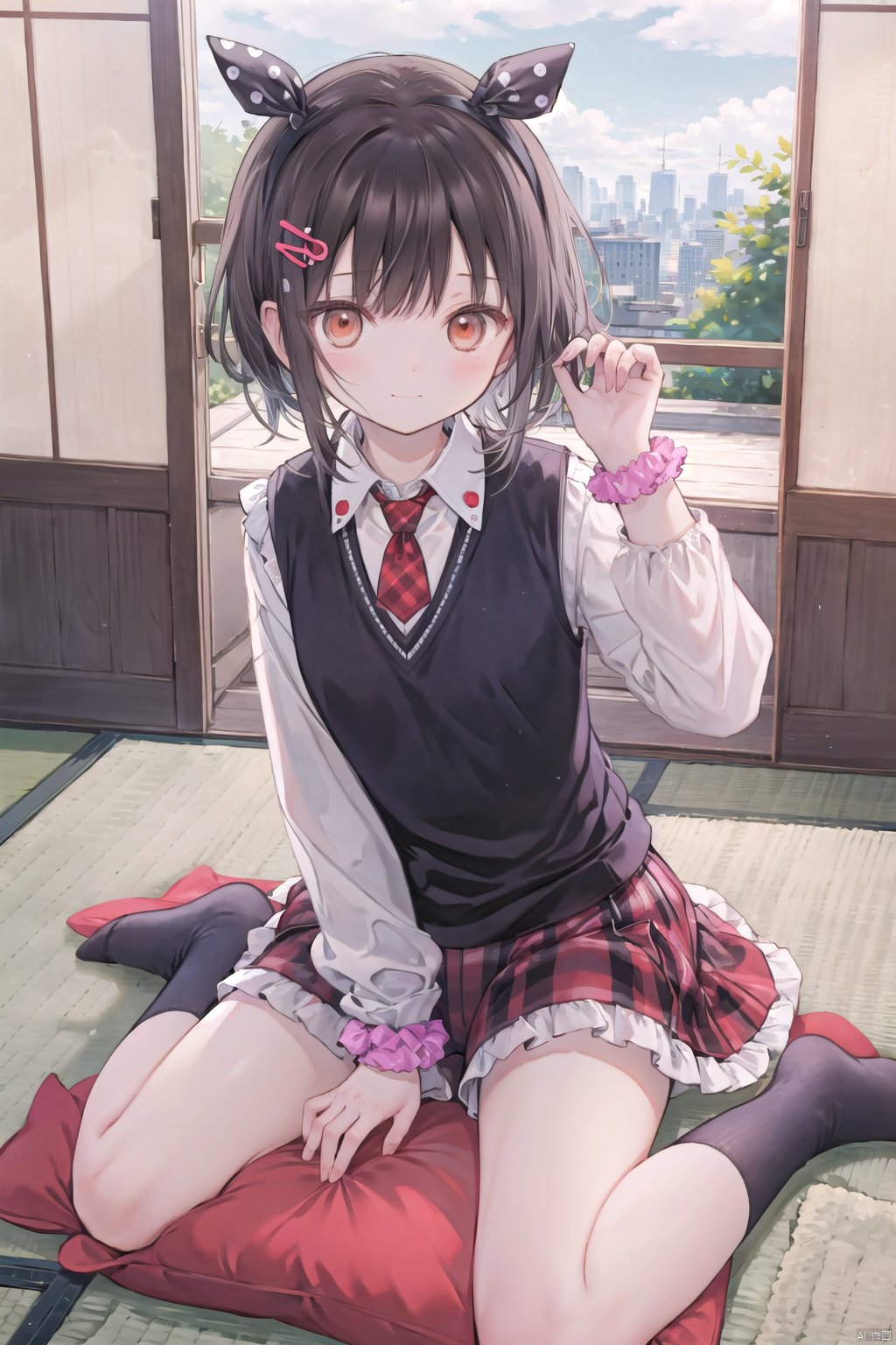  1girl, solo, long_hair, looking_at_viewer, blush, smile, bangs, skirt, black_hair, hair_ornament, red_eyes, long_sleeves, bow, ribbon, holding, brown_eyes, sitting, closed_mouth, school_uniform, hair_ribbon, white_shirt, pleated_skirt, hairband, frills, necktie, shorts, socks, hairclip, striped, collared_shirt, indoors, hand_up, vest, pillow, plaid, short_shorts, red_skirt, watermark, plaid_skirt, wariza, no_shoes, black_shorts, scrunchie, frilled_skirt, polka_dot, red_necktie, bike_shorts, sweater_vest, black_vest, tatami, wrist_scrunchie, polka_dot_bow, blue_hairband, shorts_under_skirt, sliding_doors, cushion, blue_scrunchie, orange_necktie, striped_socks, plaid_necktie, red_socks, mimikaki, polka_dot_scrunchie, polka_dot_ribbon