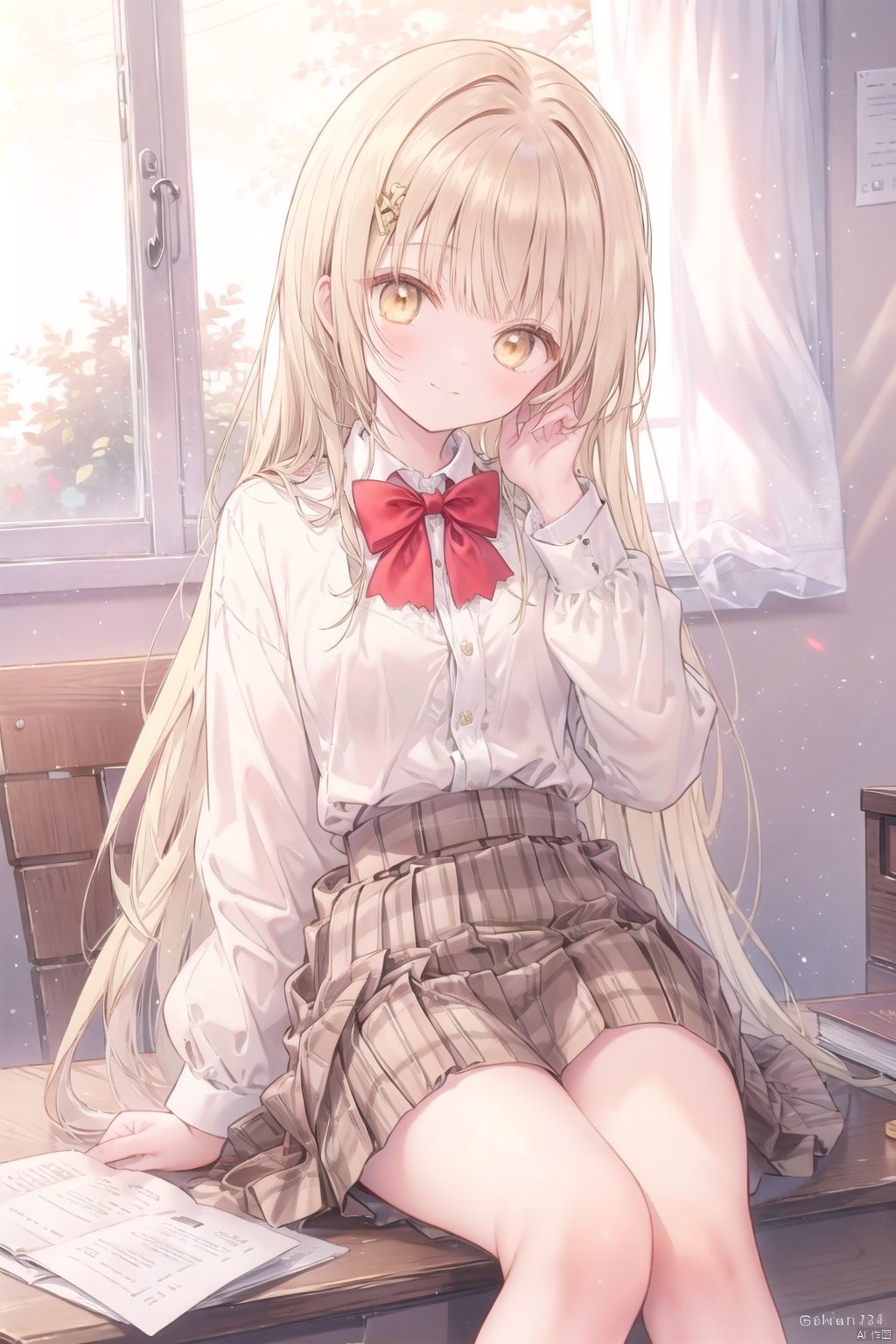 1girl, solo, long_hair, looking_at_viewer, blush, smile, bangs, skirt, blonde_hair, long_sleeves, bow, brown_eyes, sitting, very_long_hair, closed_mouth, school_uniform, yellow_eyes, white_shirt, pleated_skirt, collared_shirt, indoors, bowtie, red_bow, head_tilt, plaid, window, dress_shirt, feet_out_of_frame, plaid_skirt, sunlight, light_brown_hair, curtains, red_bowtie, desk, backlighting, hand_in_own_hair, brown_skirt, shirt_tucked_in, school_desk, on_desk, sitting_on_desk