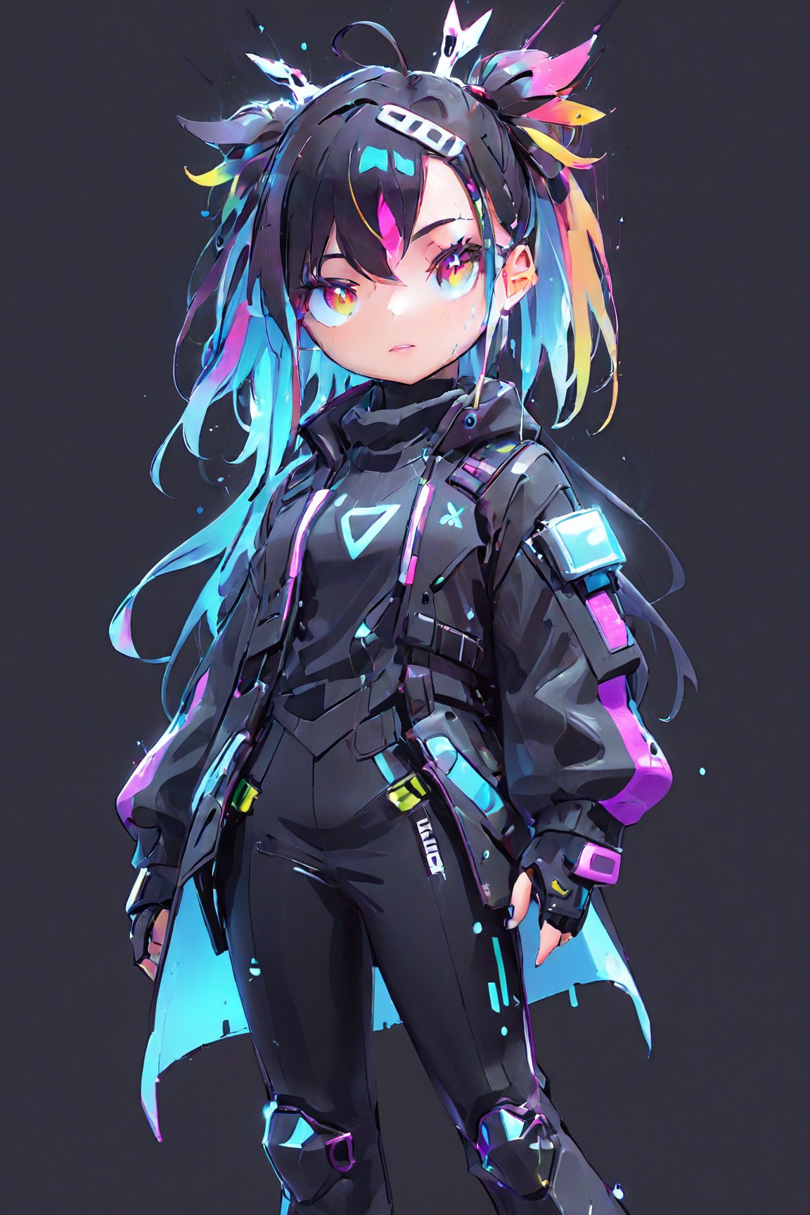 Cyber punk girl, fantasy world, dark background, overwatch, clean design, epic Instagram, artstation, splash of colorful paint, contour, hyperdetailed intricately detailed, unreal engine, fantastical, intricate detail, splash screen, complementary colors, fantasy concept art, 8k resolution, deviantart masterpiece, oil painting, heavy strokes, paint dripping,(isolated on white background:1.3), rainbow skin, depth of field, style of Alena Aenami, tracers, vfx, splashes, lightning, light particles, electric, glitch fx, white background,modernstyle,toitoistyle