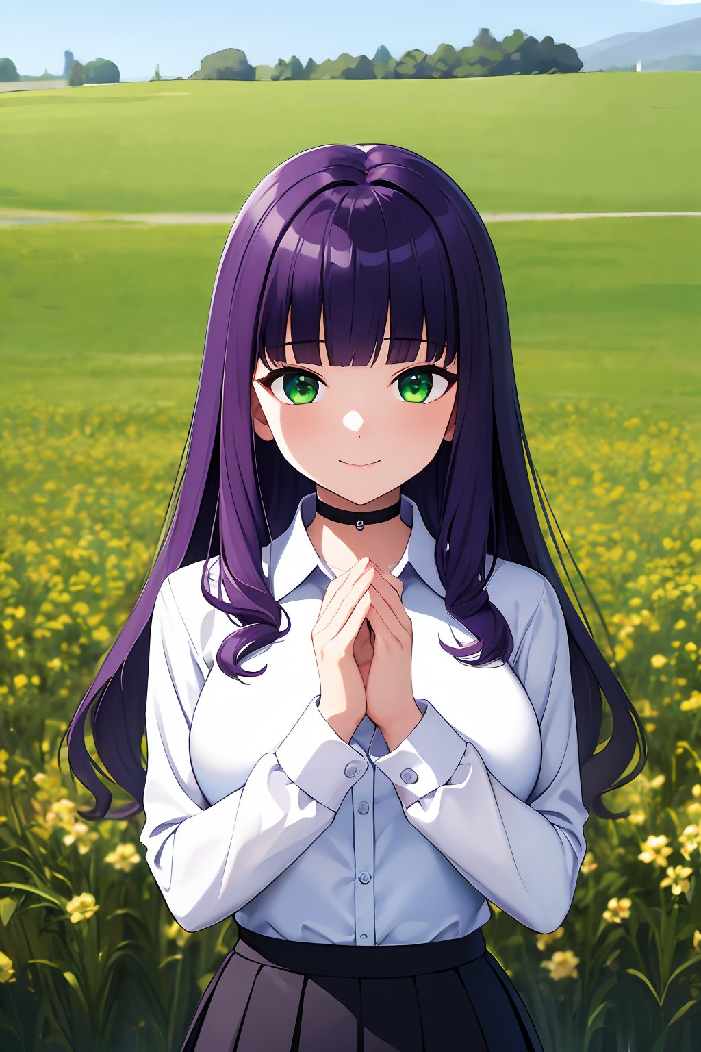 ((absurdres, highres, ultra detailed, high resolution, masterpiece, best quality, very fine 8KCG wallpapers)), 1 girl, solo, long hair, wavy hair, purple hair, green eyes, smile, large breasts, collared shirt, white shirt, choker, button gap, blunt bangs, grey skirt, long sleeves, field, flower, portrait, nice hands, perfect hands,