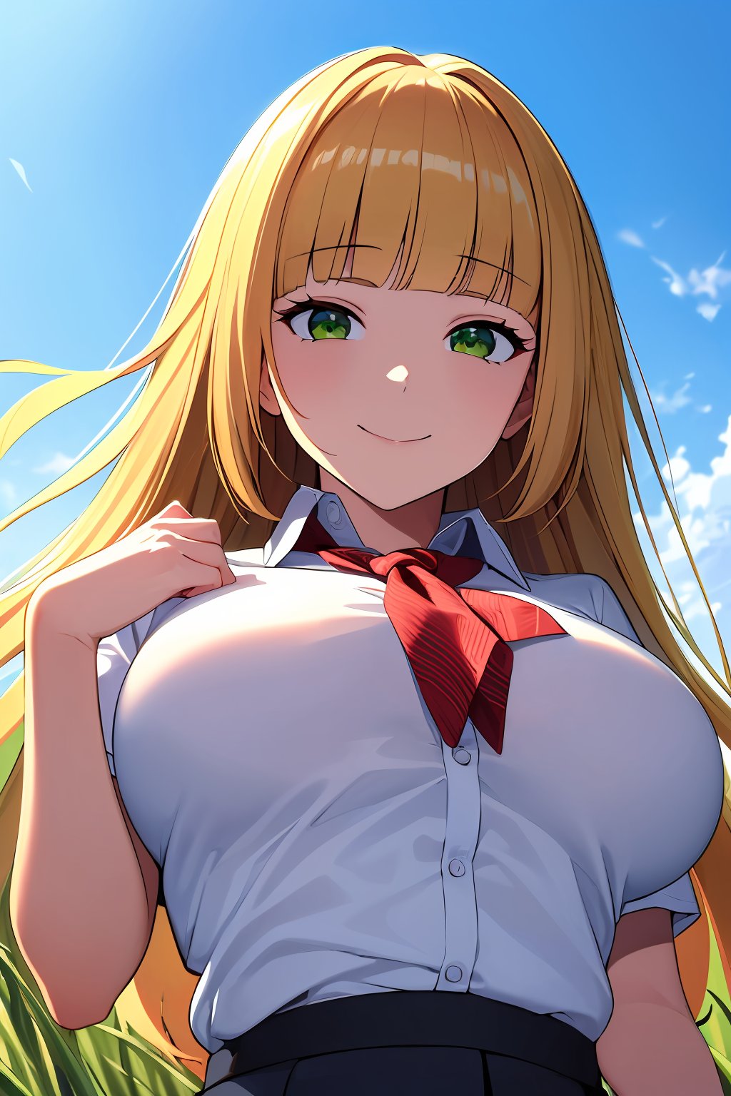 ((absurdres, highres, ultra detailed, high resolution, masterpiece, best quality, very fine 8KCG wallpapers)), 1 girl, solo, long hair, blunt bangs, blonde hair, green eyes, large breasts, tied shirt, collared shirt, white shirt, light smile, field, portrait, from below, nice hands, perfect hands,