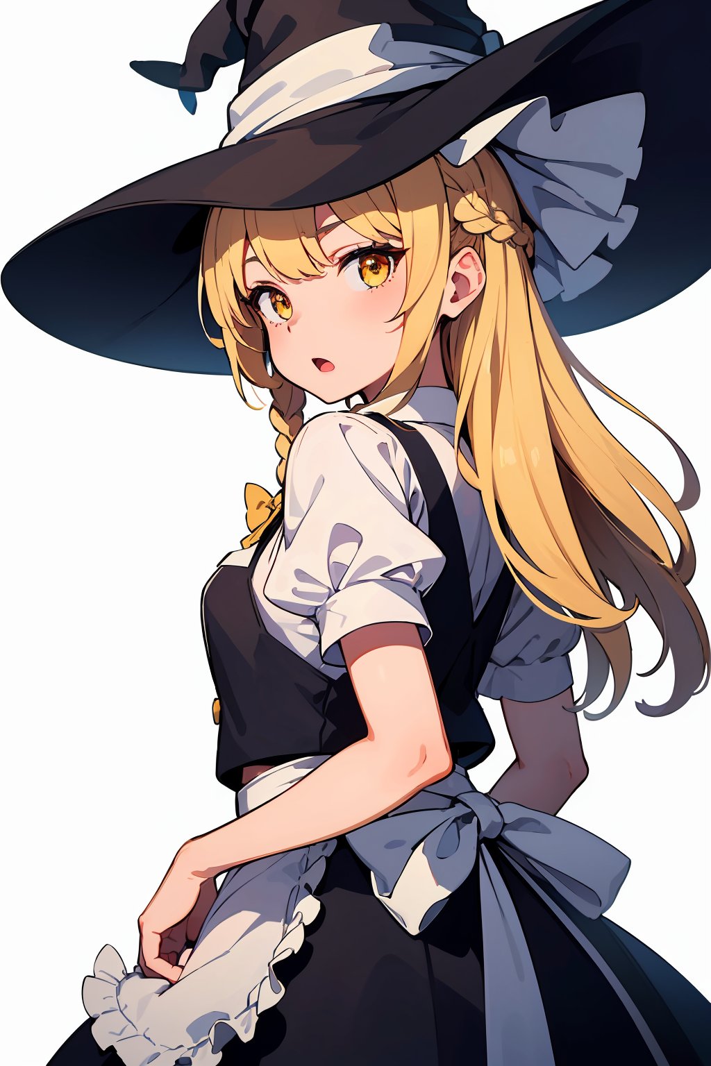 ((absurdres, highres, ultra detailed, high resolution, masterpiece, best quality, very fine 8KCG wallpapers)), 1 girl, solo, kirisame marisa, hat, witch hat, blonde hair, braid, long hair, black headwear, skirt, short sleeves, white shirt, white bow, vest, puffy sleeves, looking at viewer, open mouth, frills, bow, apron, hat bow, shirt, waist apron, puffy short sleeves, back bow, yellow eyes, eyebrows visible through hair, bangs, hair bow, single braid, nice hands, perfect hands,