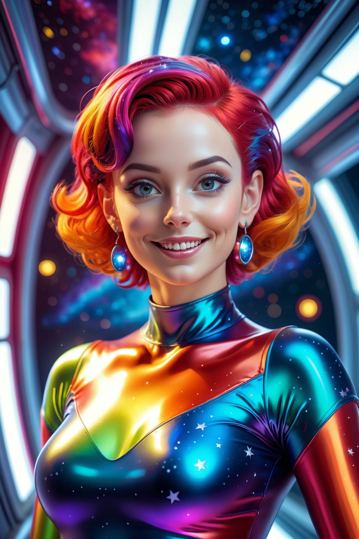 Hyperrealistic art HDR photo of ~*~aesthetic~*~,(vibrant color:1.4),(Bright and intense:1.2),(facing the camera:1.2),earrings,subtle mysterious smile,multicolored hair,sparkling latex leotard,(huge breasts),inside space station,starry sky,light reflections,athletic body,beautiful,elegant,highly detailed, . High dynamic range . Extremely high-resolution details