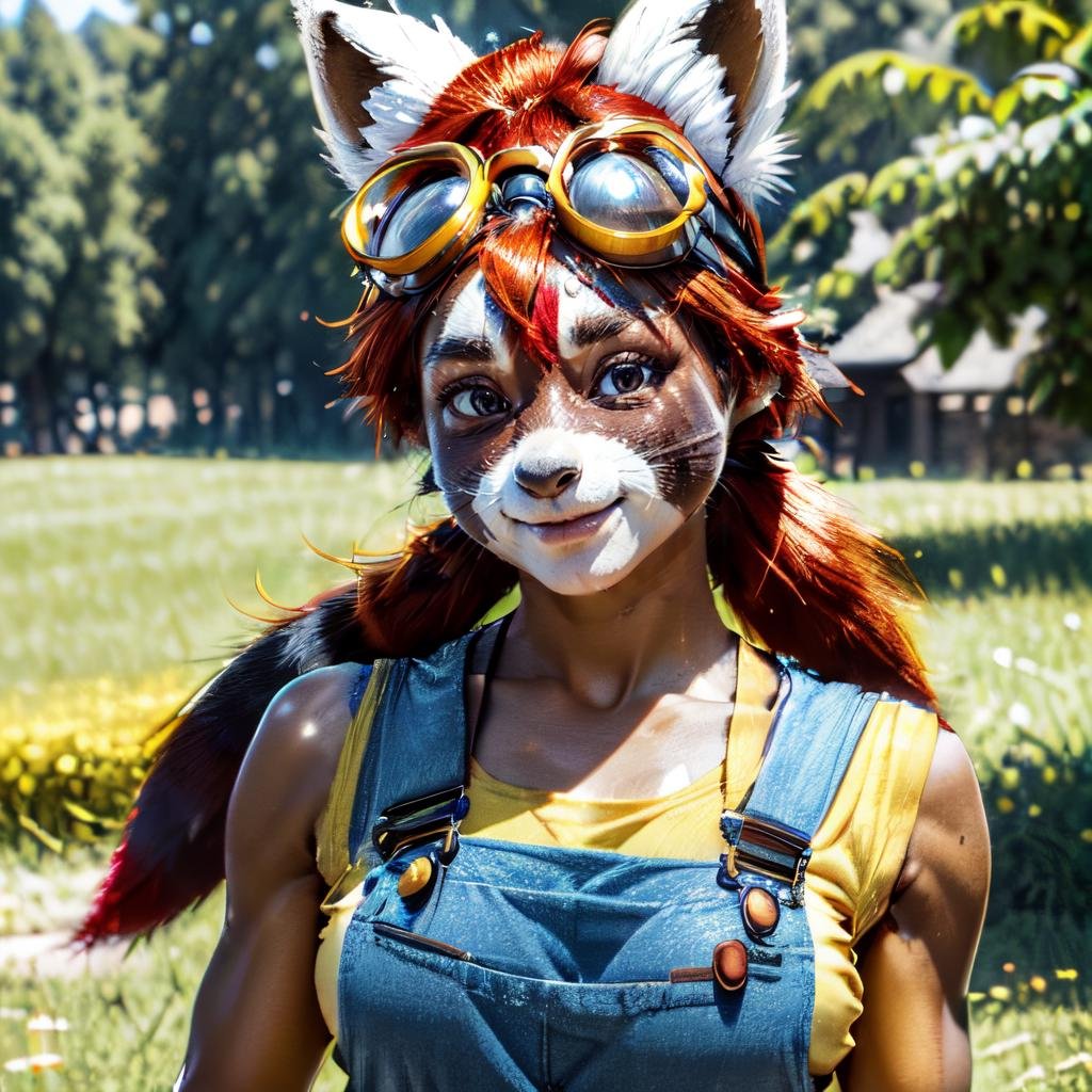 a woman(walking on an open field, upper body) <lora:NonaLoRA:0.9> ((nona a raccoon with (black nose:1.2) and red hair and tail and goggles on head wearing yellow shirt and blue dungarees and brown belt with bags)), beautiful eyes, beautiful girl, high detail skin, high detail eyes, high detail hair, highres, ultra detailed, detailed pores, imperfect skin, detailed reflective shiny skin, diffused skin pores,sharpen picture, Highly detailed, masterpiece, best quality, photorealistic,