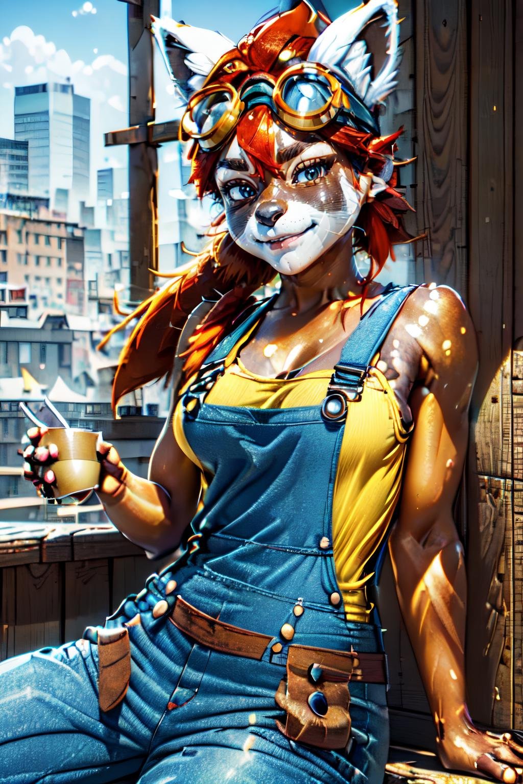 (sitting in a cafe holding a cup of tea, city in background,upper body) <lora:NonaLoRA:1> ((nona a raccoon with (black nose:1.2) and red hair and tail and goggles on head wearing yellow shirt and blue dungarees and brown belt with bags)), beautiful eyes, beautiful girl, high detail skin, high detail eyes, high detail hair, highres, ultra detailed, detailed pores, imperfect skin, detailed reflective shiny skin, diffused skin pores,sharpen picture, Highly detailed, masterpiece, best quality, photorealistic,